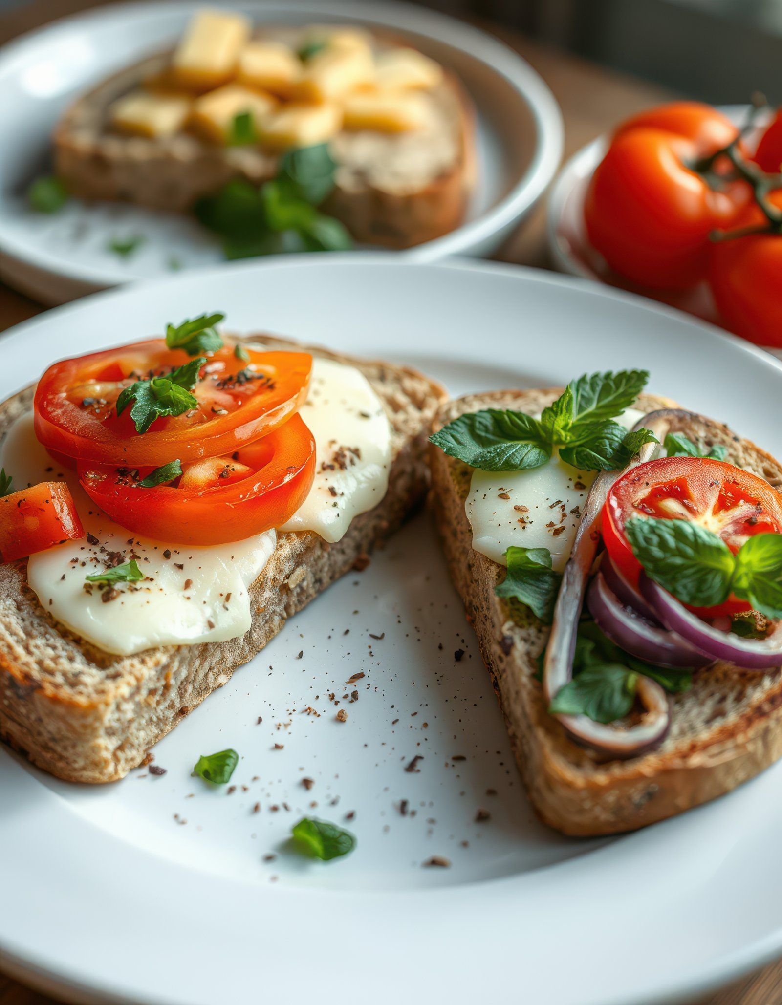Delicious tomato and mozzarella open-faced sandwiches grace a white plate, a midday snack perfect for a summer day